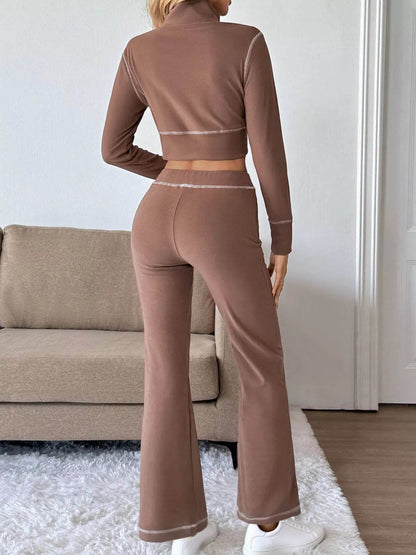 Trendsi Long Sleeve Top and Pants Set in Brown with Flared Bottoms and Stylish Design