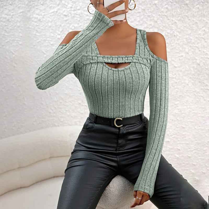 CJ Long Sleeve Top in ribbed green fabric with cut-out detailing and cold shoulder design