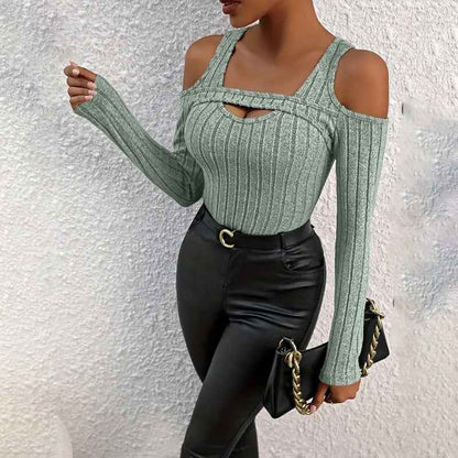 CJ Long Sleeve Top in green ribbed fabric with shoulder cutouts and a stylish design