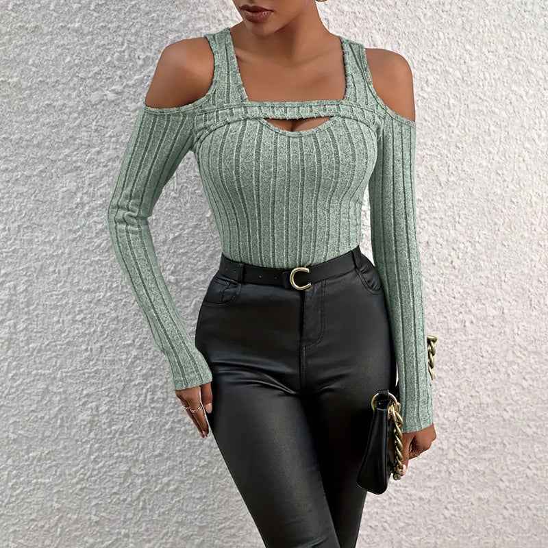 CJ Long Sleeve Top in light green ribbed fabric with cutout shoulder design and a fitted silhouette