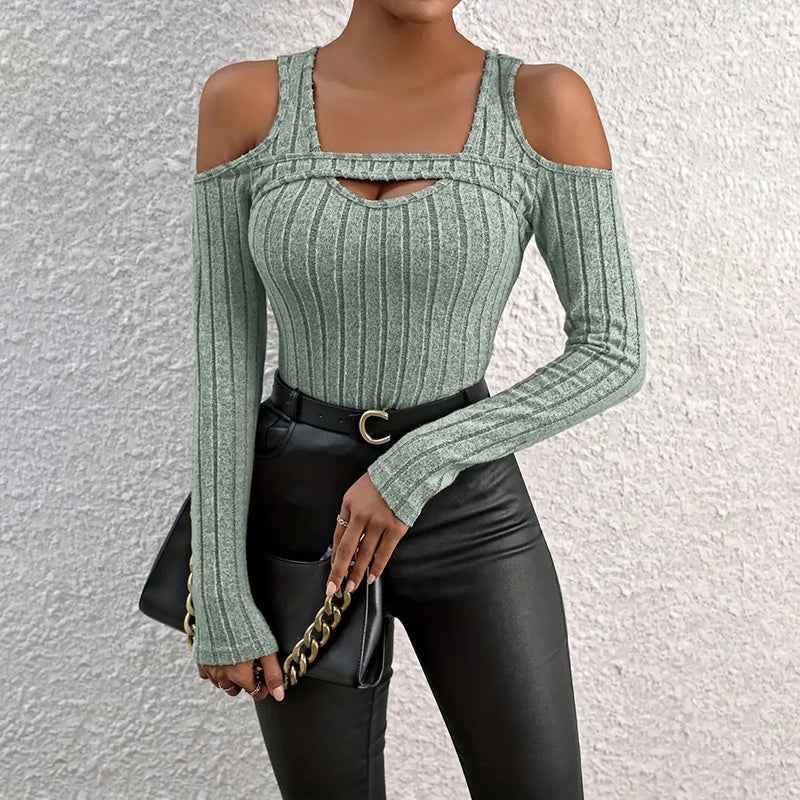 CJ Long Sleeve Top in Green with Cutout Shoulder Detail and Ribbed Texture