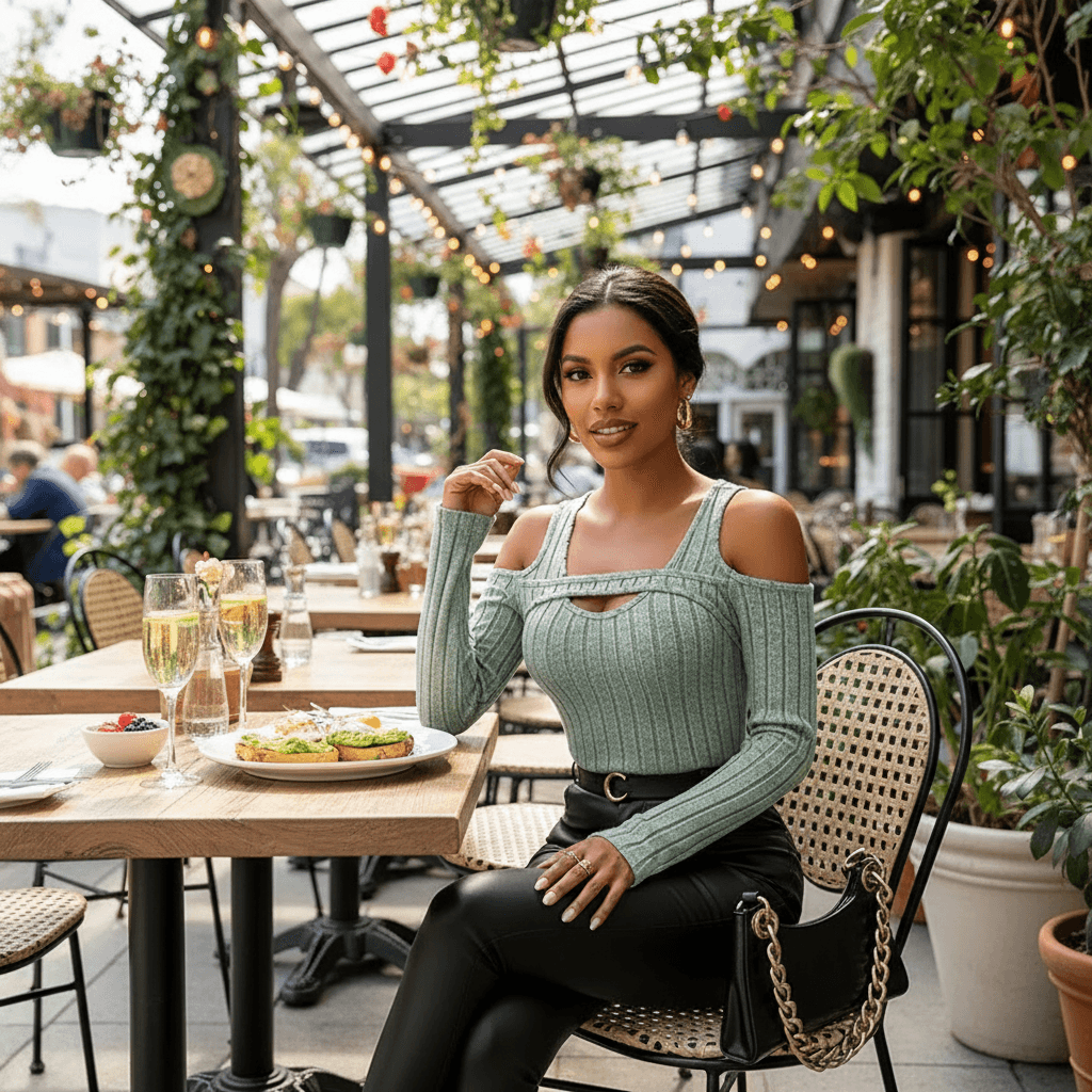Fashionable Long Sleeve Top in Green with Cutout Design, Perfect for Stylish Outings