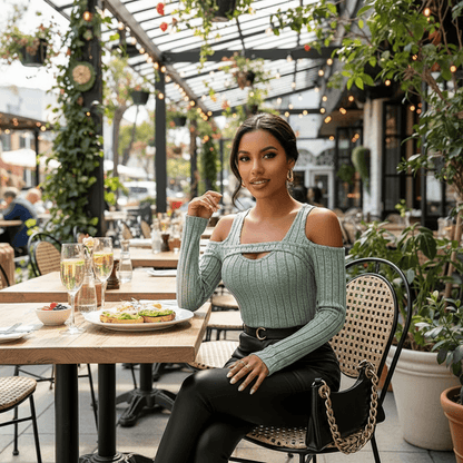 Fashionable Long Sleeve Top in Green with Cutout Design, Perfect for Stylish Outings