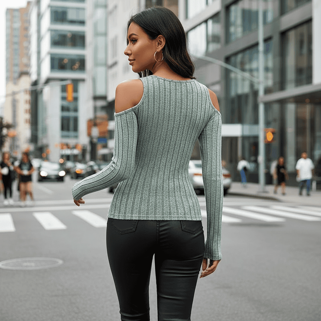 Stylish green Long Sleeve Top with cut-out shoulder design, perfect for casual outings