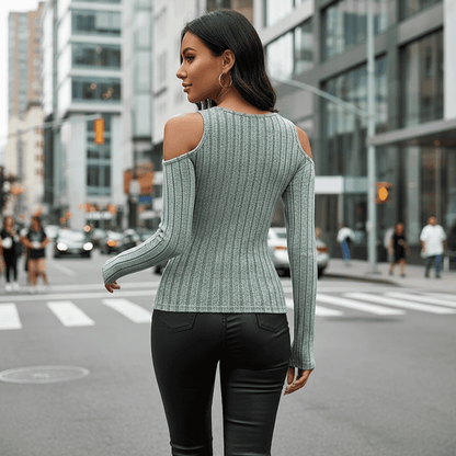 Stylish green Long Sleeve Top with cut-out shoulder design, perfect for casual outings