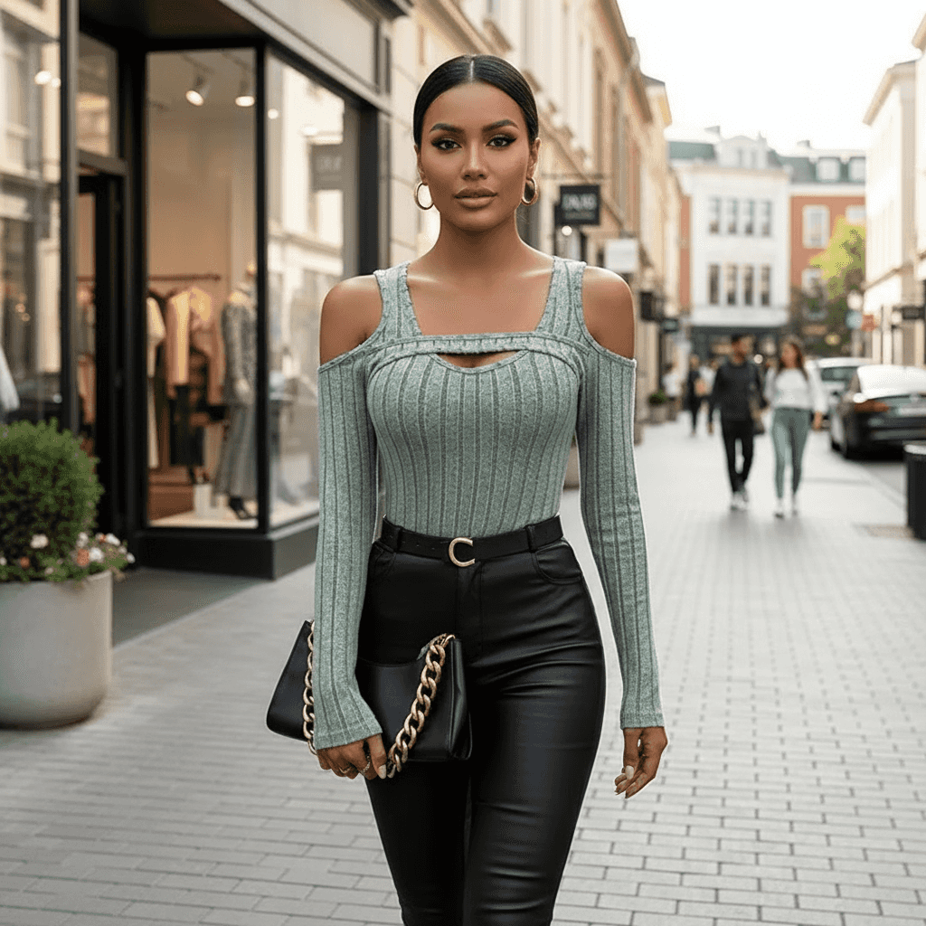 Stylish Long Sleeve Top in green with cut-out shoulders, paired with black leather pants for a chic look