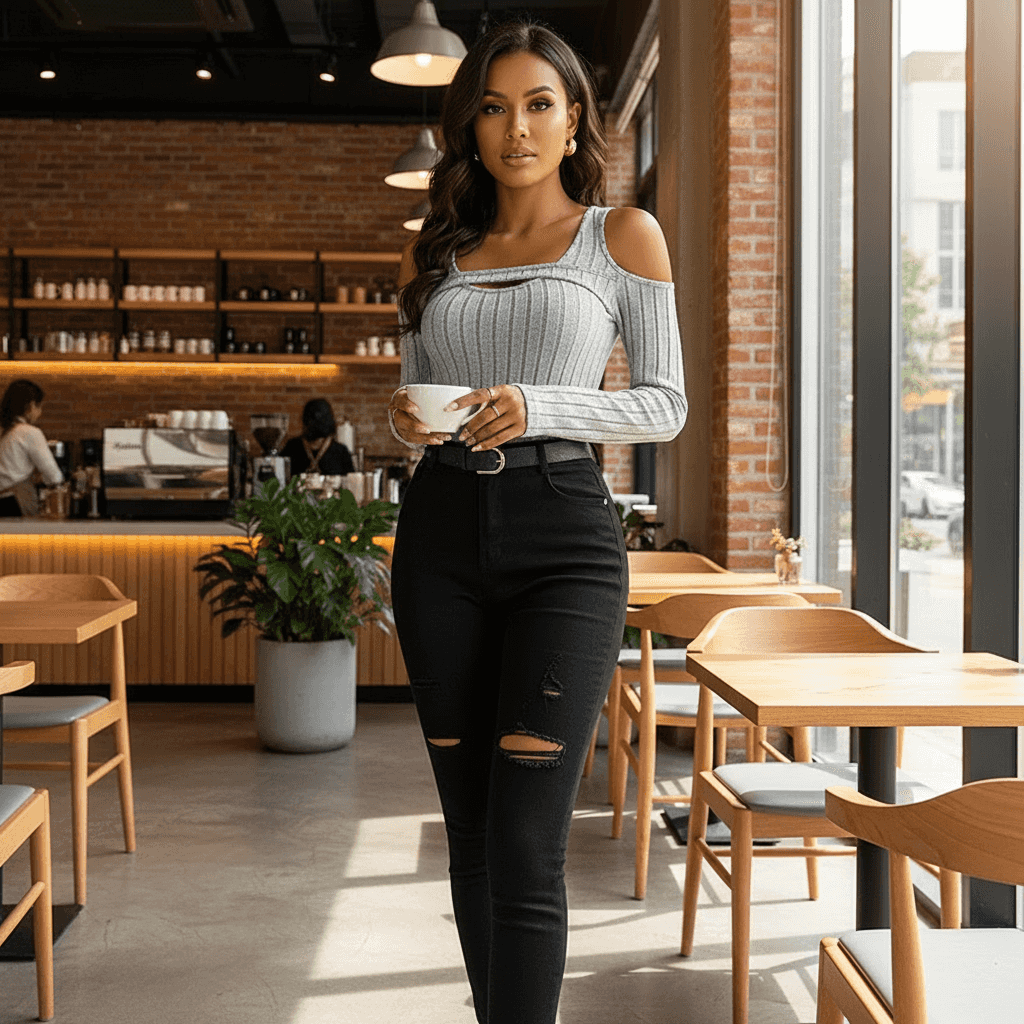 Stylish Gray Long Sleeve Top with Cold Shoulder Design, Perfect for Casual Outings