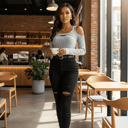 Stylish Gray Long Sleeve Top with Cold Shoulder Design, Perfect for Casual Outings