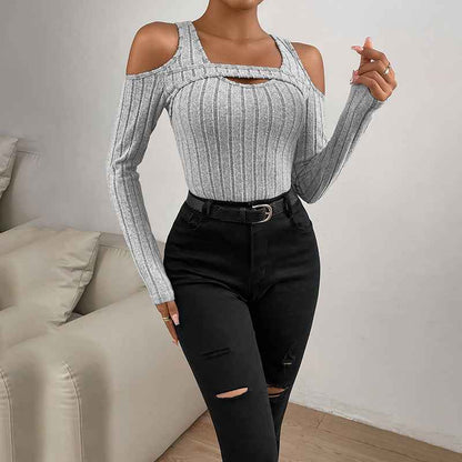 CJ Long Sleeve Top in Gray with Cold Shoulder Design and Ribbed Texture for a Stylish Look