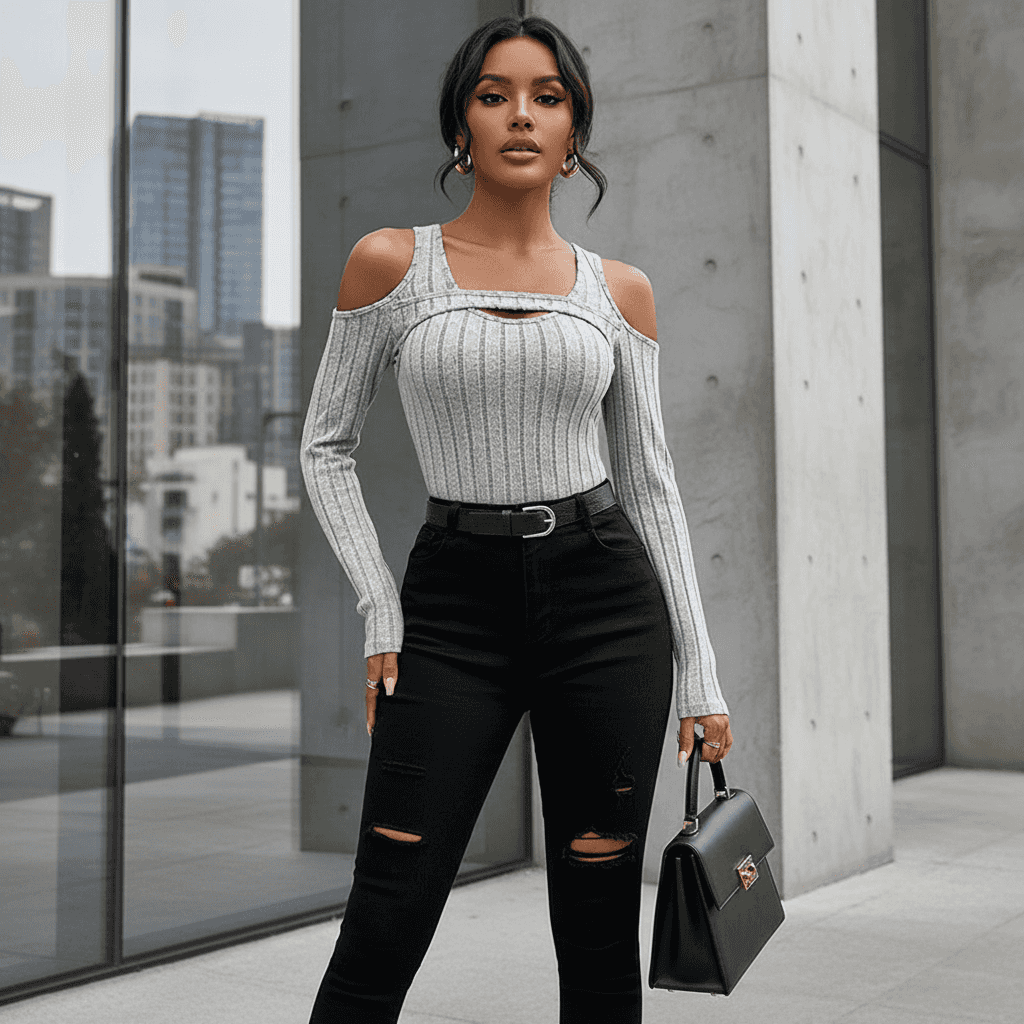 Stylish long sleeve top with cold shoulder design, paired with black ripped jeans for a chic look