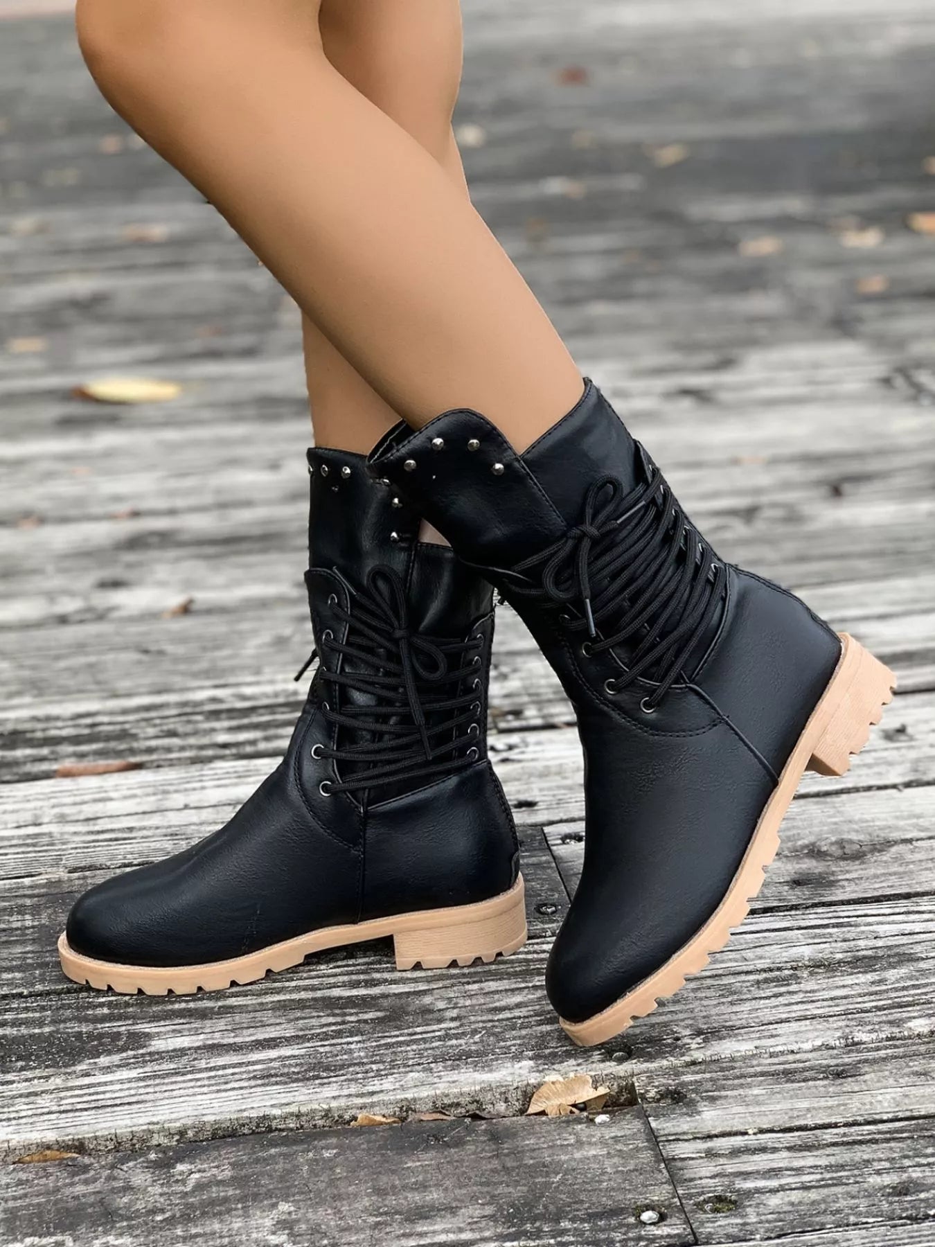 Trendsi Low Heel Stylish Boots in Black with Lace-Up Design and Comfortable Sole