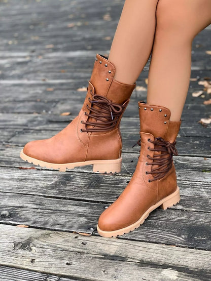 Trendy Low Heel Stylish Boots in Brown with Lace-Up Design and Studded Details for Casual Wear