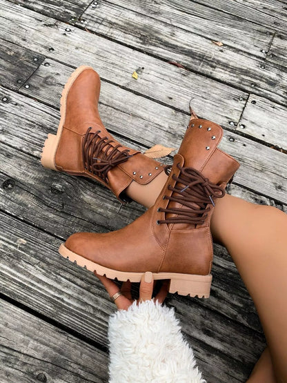 Trendsi Low Heel Stylish Boots in Brown with Lace-up Design and Studded Accents