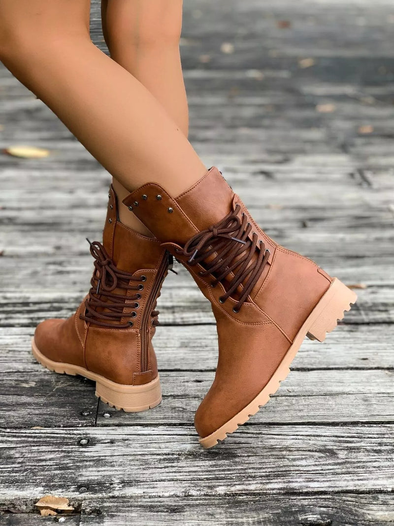 Trendsi Low Heel Stylish Boots in Brown with Lace-Up Design for Trendy Footwear