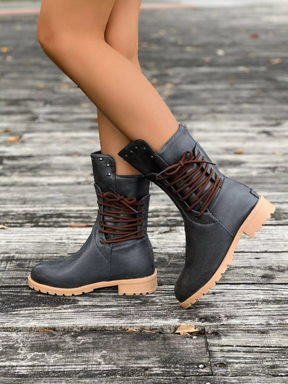 Trendsi Low Heel Stylish Boots in Black with Brown Laces for a Trendy Look