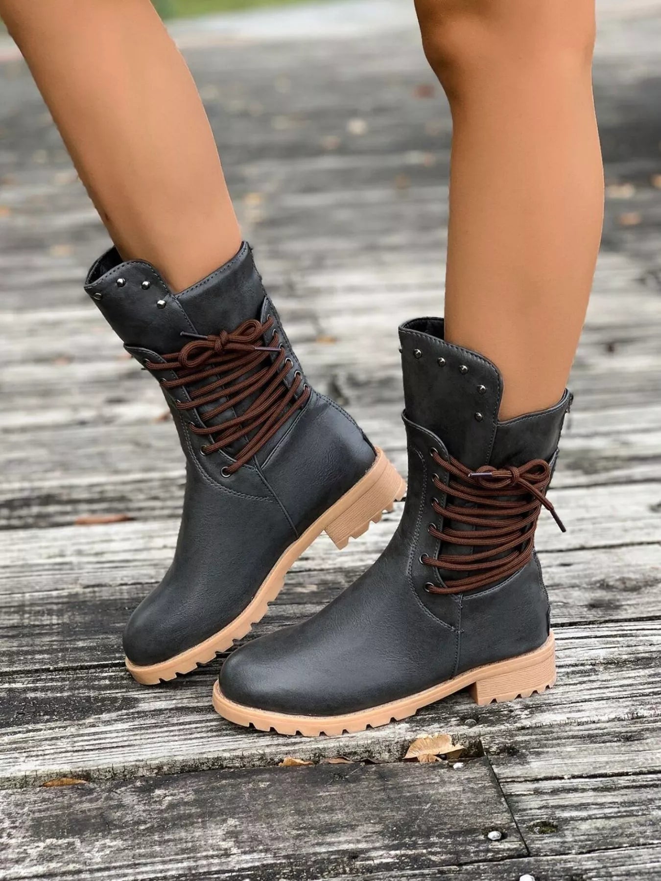 Trendsi Low Heel Stylish Boots in black with lace-up design and comfortable flat soles