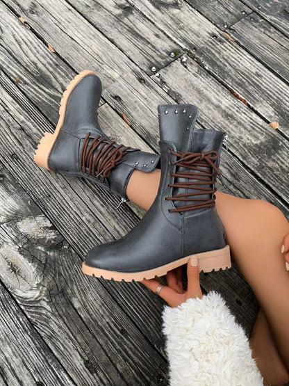 Trendsi Low Heel Stylish Boots in Gray with Lace-Up Design and Studded Details