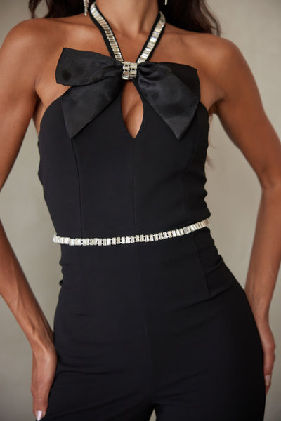 CCWHOLESALECLOTHING black rhinestone halter jumpsuit with bow neckline keyhole cutout and jeweled waist