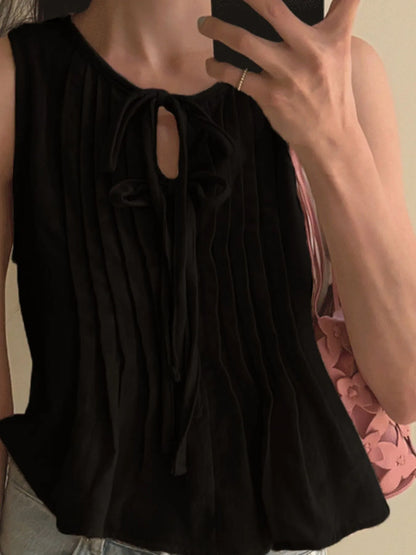 Trendsi black pleated keyhole top with tie neckline Sleeveless Summer Blouse for casual wear