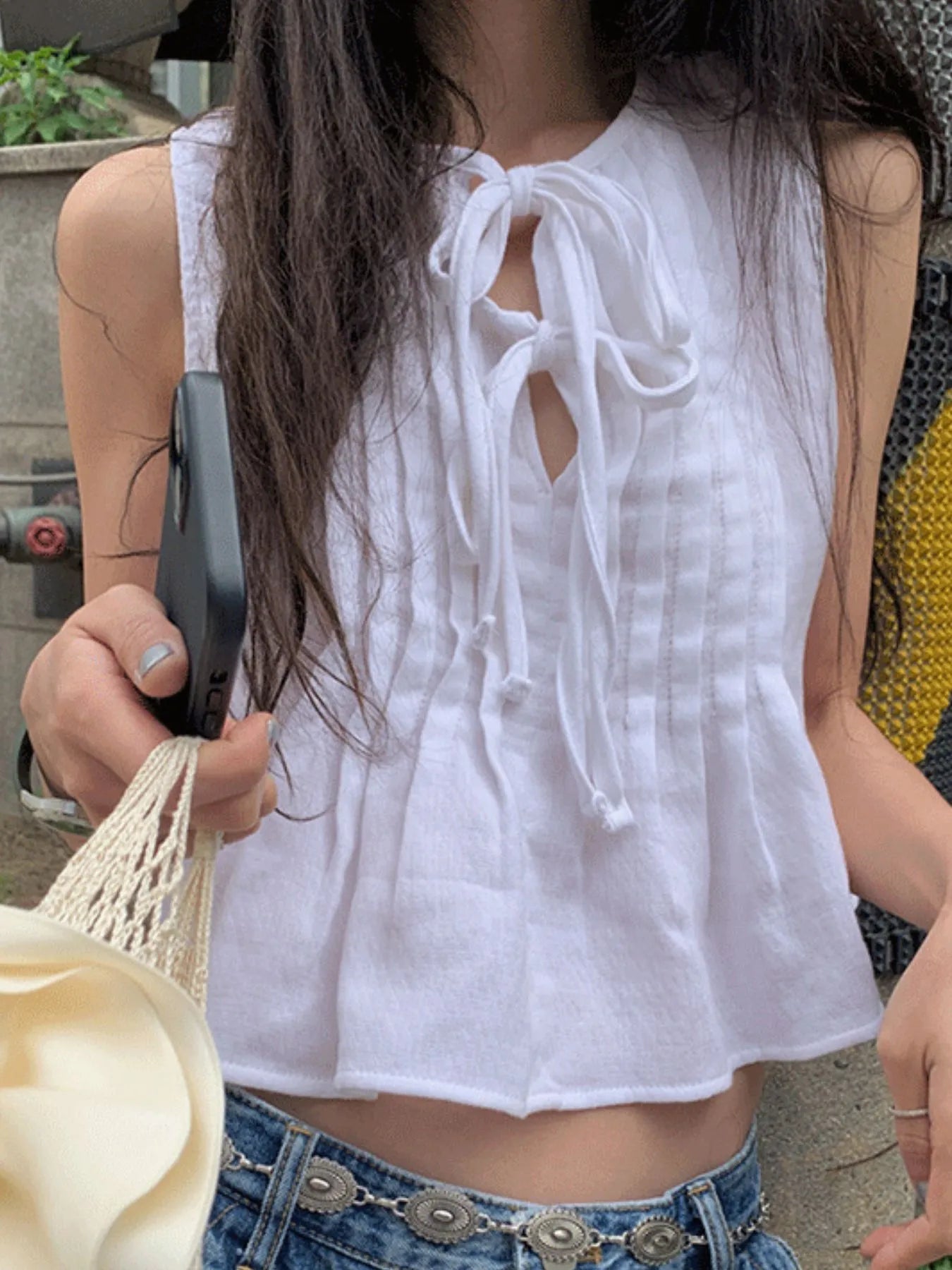 Trendsi white tie front cotton Sleeveless Summer Blouse cropped lightweight with pintuck details