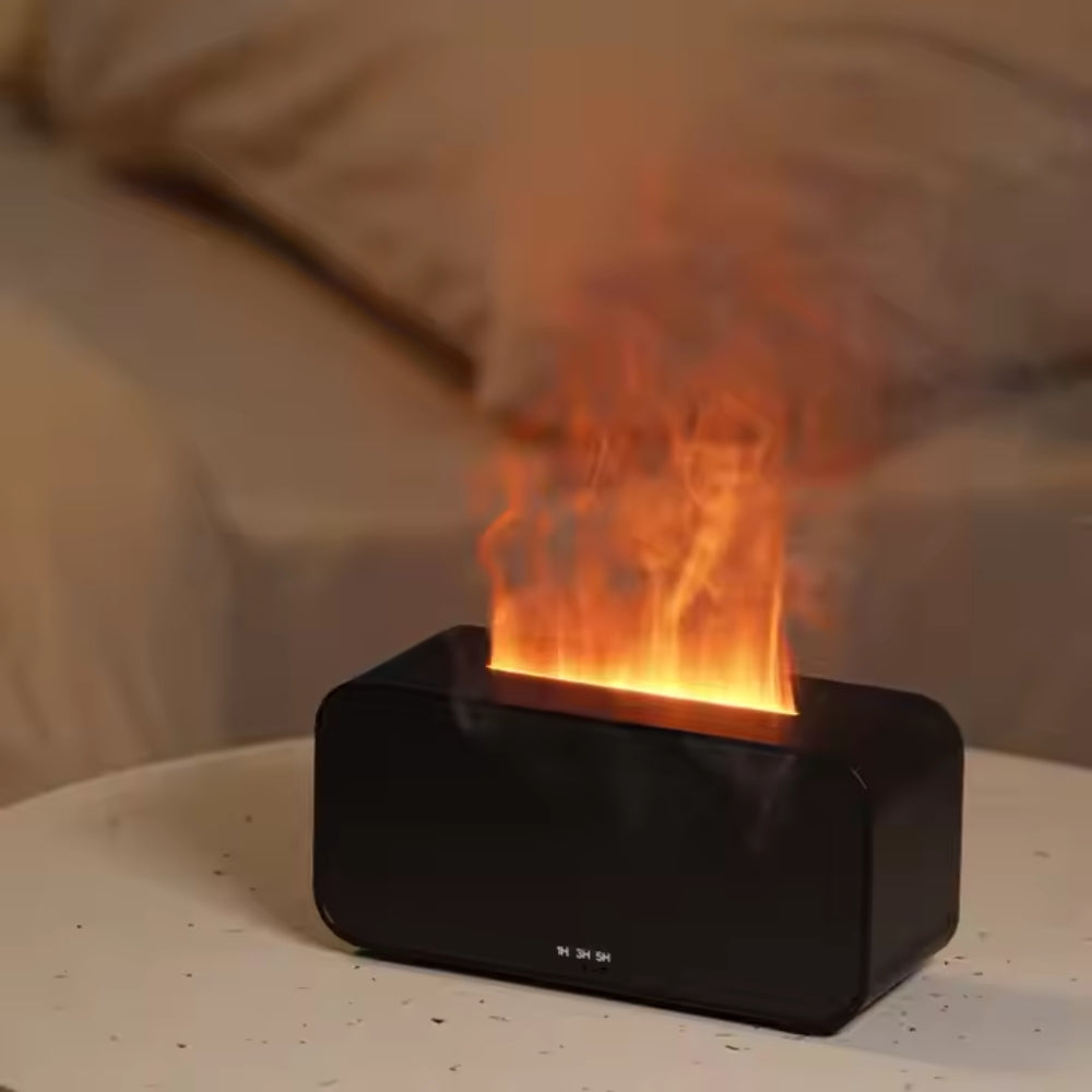 Fashions Envy Flame Aromatherapy Humidifier black bedside diffuser with realistic flame light and mist for bedroom ambiance