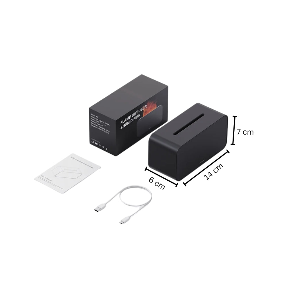 Fashions Envy Flame Aromatherapy Humidifier black unit with box USB cable manual and dimensions 14 cm 6 cm 7 cm