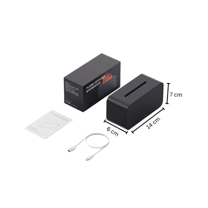 Fashions Envy Flame Aromatherapy Humidifier black unit with box USB cable manual and dimensions 14 cm 6 cm 7 cm