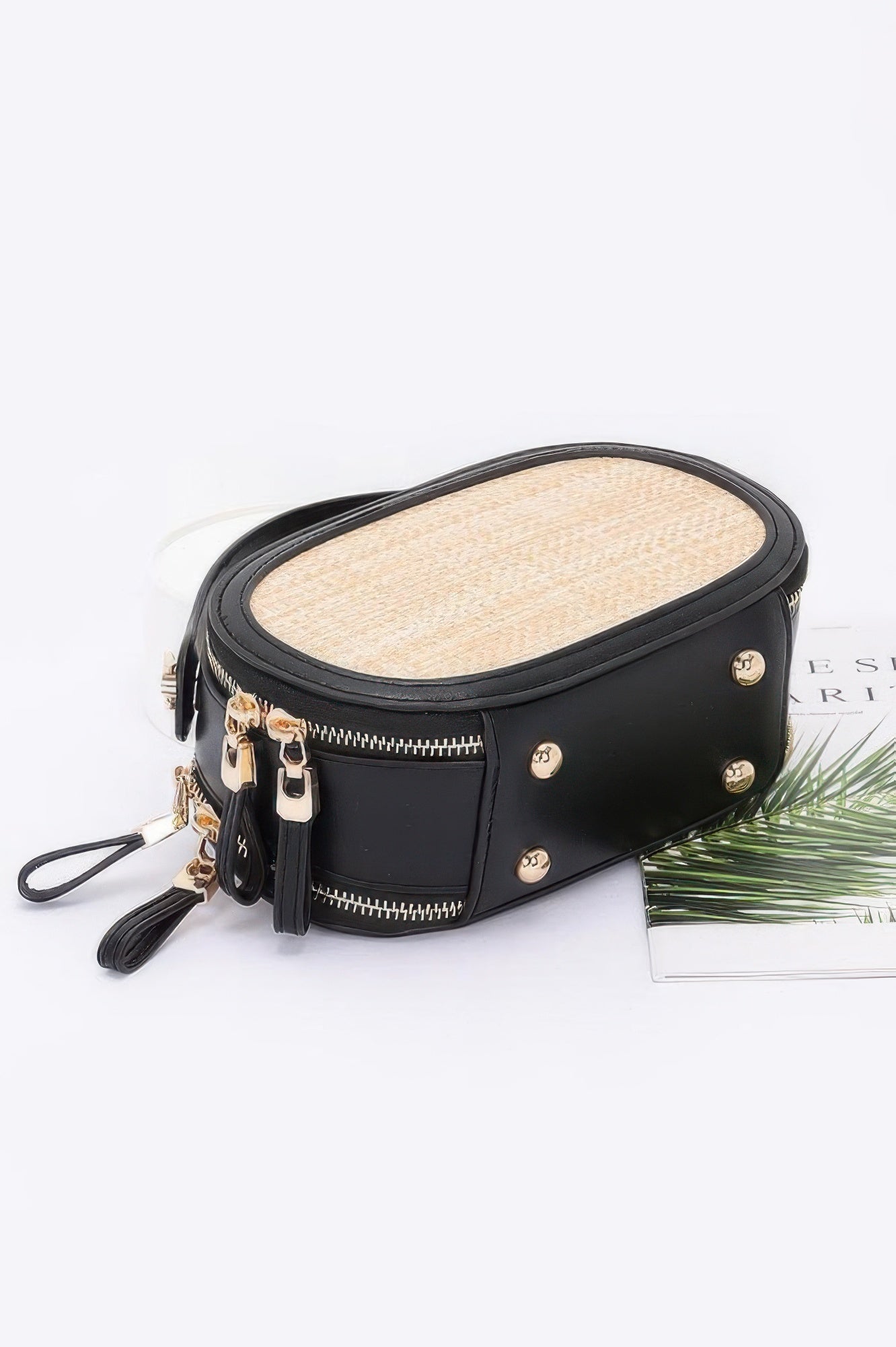 CCWHOLESALECLOTHING black oval faux straw bowling bag with gold hardware double zipper and tassel pulls