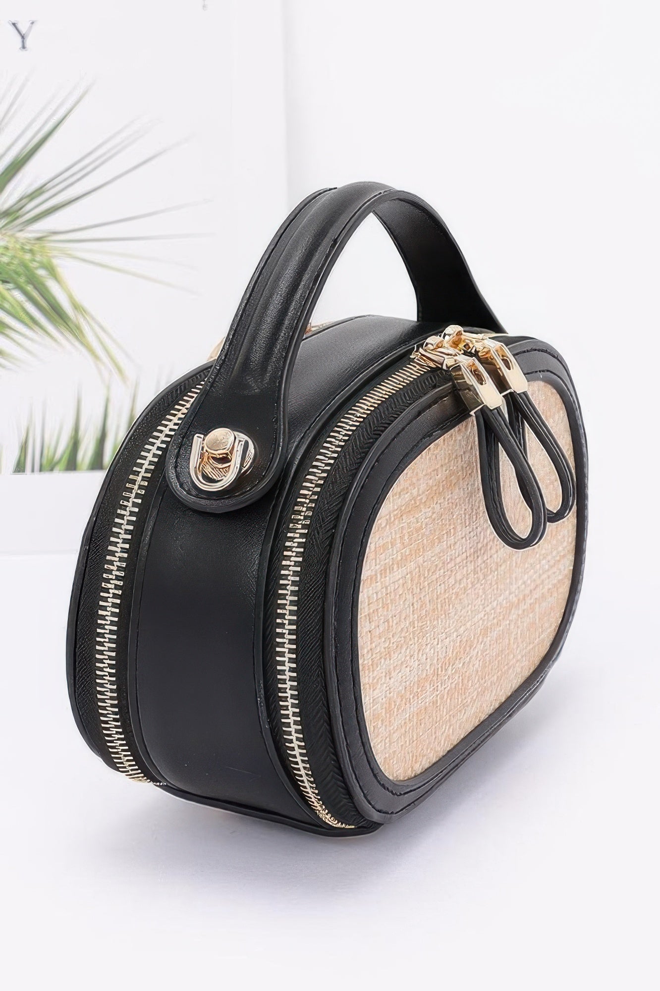 CCWHOLESALECLOTHING faux straw bowling bag with black faux leather trim gold zippers top handle