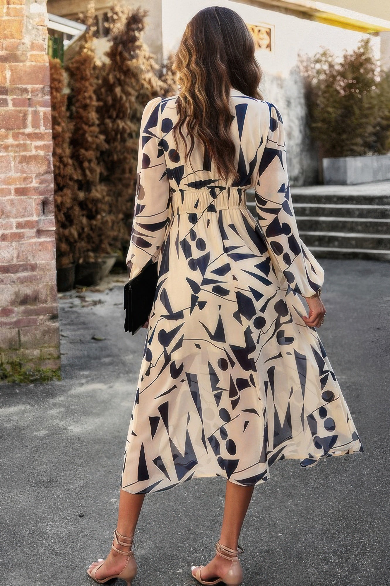 CCWHOLESALECLOTHING boho v neck dress back view cream navy abstract print long sleeves elastic waist