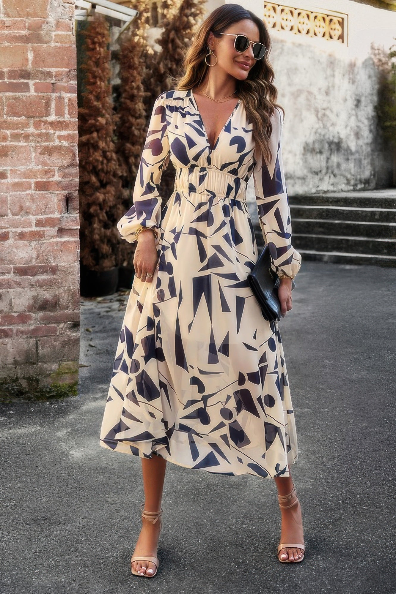 CCWHOLESALECLOTHING boho v neck dress cream navy abstract print long sleeve midi with waist tie