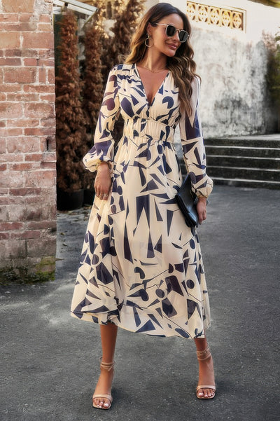 CCWHOLESALECLOTHING boho v neck dress cream navy abstract print long sleeve midi with waist tie