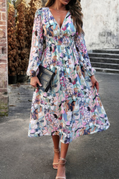 CCWHOLESALECLOTHING floral boho v neck dress with long sheer sleeves smocked waist midi length