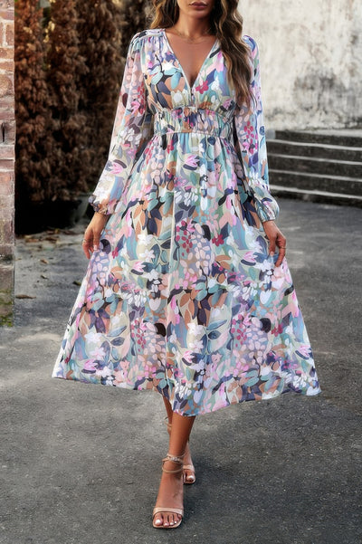 CCWHOLESALECLOTHING boho v neck dress pastel floral long sleeve midi with smocked waist and flowy skirt