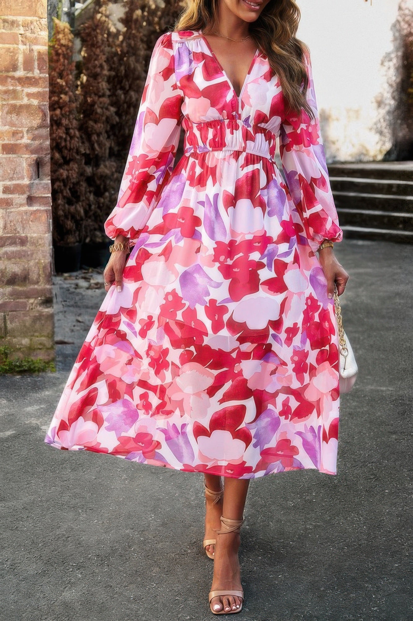 CCWHOLESALECLOTHING floral pink midi boho v neck dress with long bishop sleeves and elastic waist