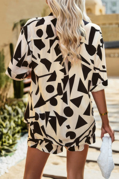 CCWHOLESALECLOTHING model wearing beige and black geometric allover print shirt and shorts set with white clutch