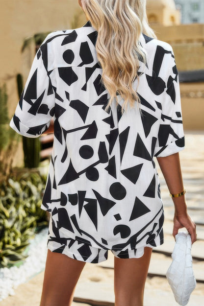 CCWHOLESALECLOTHING black and white geometric allover print shirt and shorts set on model from back