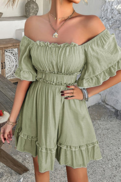 Sage green off shoulder ruffle trim dress with smocked bodice elastic waist flutter sleeves and ruffled hem