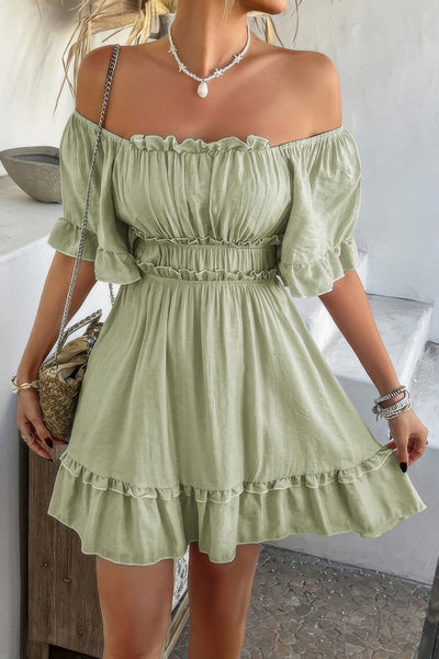 CCWHOLESALECLOTHING sage green off shoulder ruffle trim dress with smocked waist and flutter sleeves