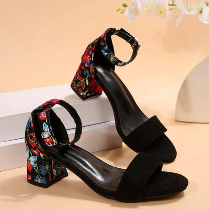 Trendsi black suede open toe block sandals with floral embroidered ankle strap and Party-Ready Heels