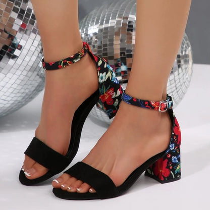 Trendsi floral ankle strap block sandals with black suede toe strap and buckle Party-Ready Heels