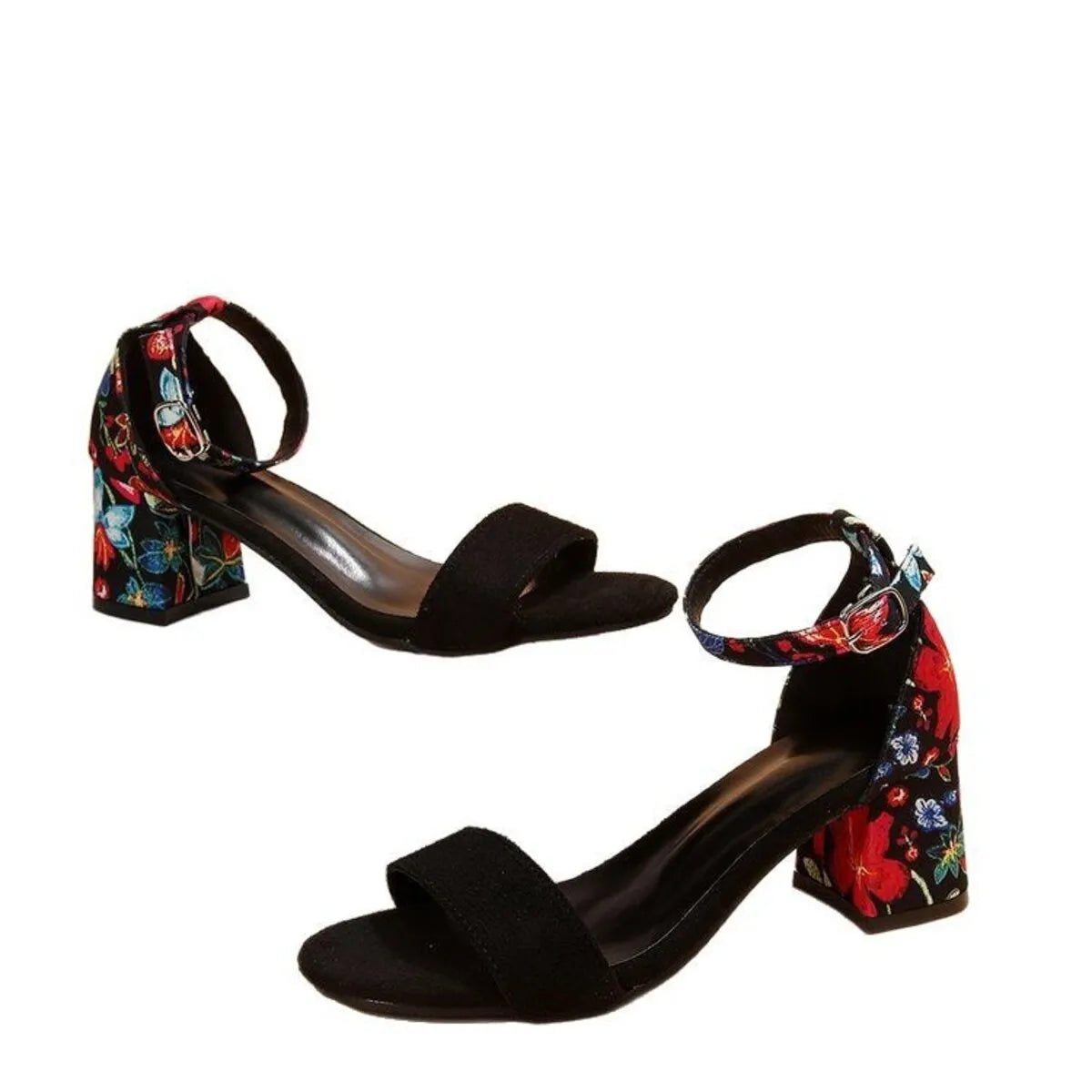 Trendsi Party-Ready Heels black suede open toe ankle strap block heels with colorful floral heel