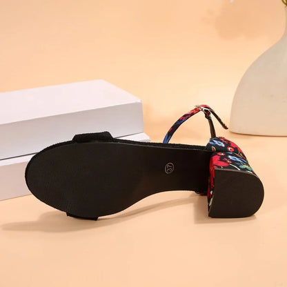Trendsi floral ankle strap block heel shoe showing sole and heel Party-Ready Heels
