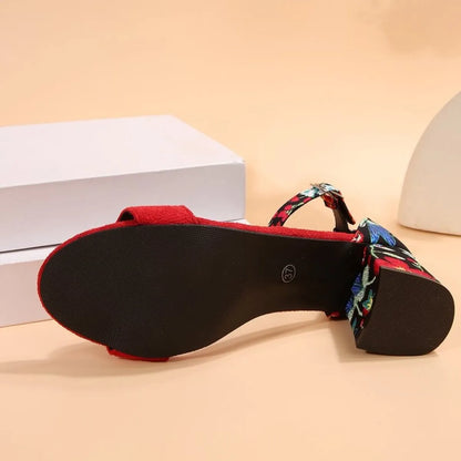 Trendsi Party-Ready Heels red block heel sandal showing black sole and floral ankle strap