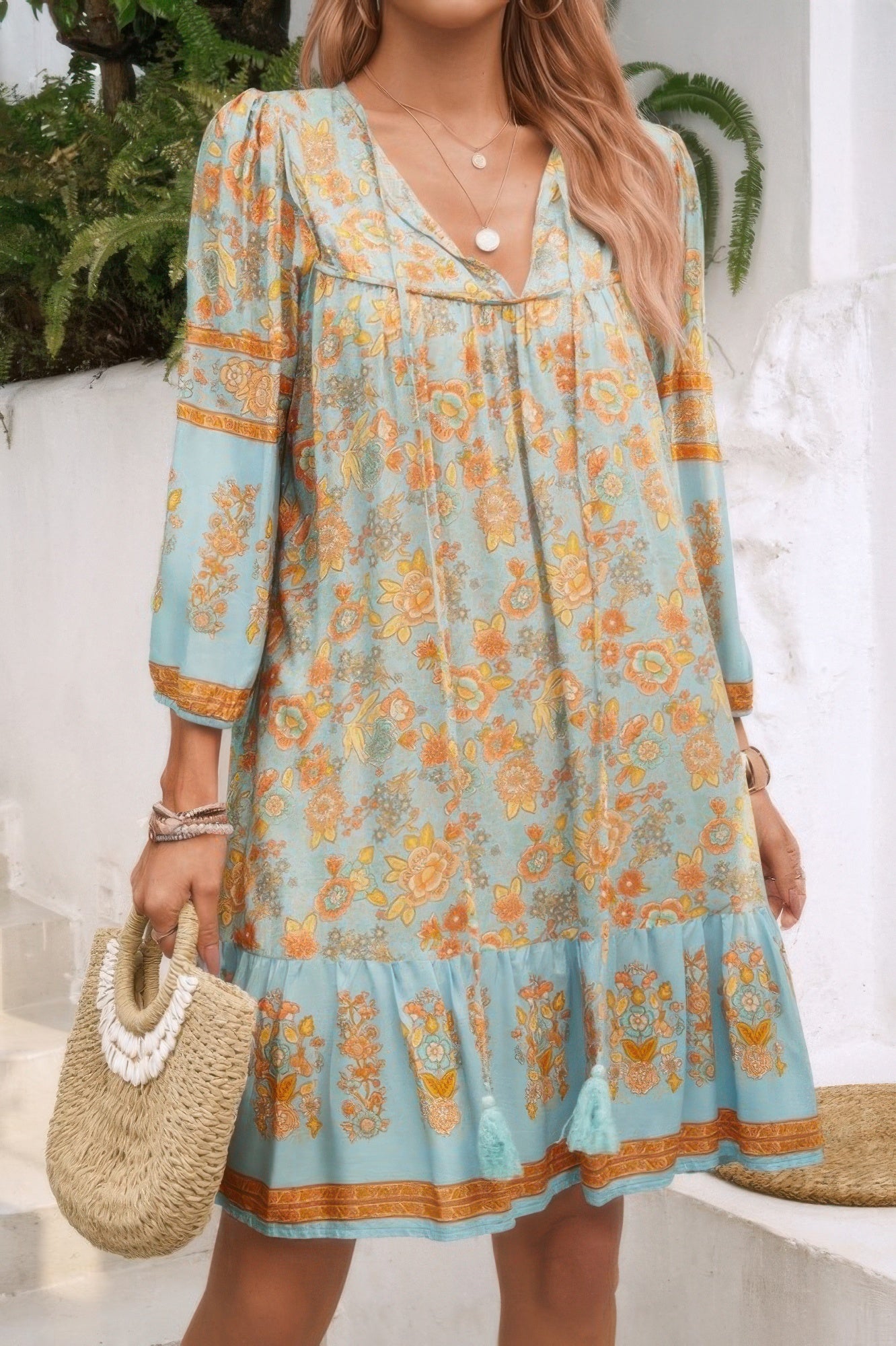 CCWHOLESALECLOTHING boho tassel v neck dress aqua floral print long sleeves relaxed fit ruffle hem