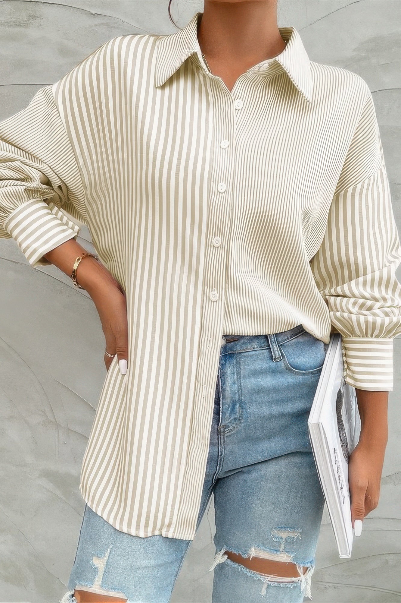 CCWHOLESALECLOTHING beige vertical stripe print button down shirt oversized with rolled sleeves and ripped jeans