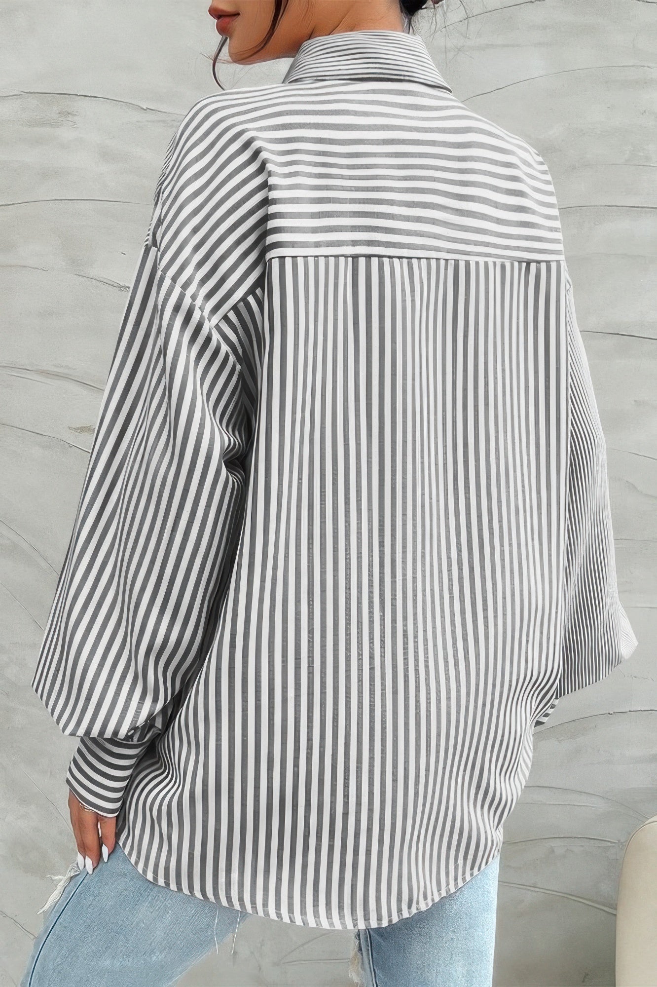 CCWHOLESALECLOTHING oversized gray and white stripe print button down shirt back view with relaxed fit long sleeves