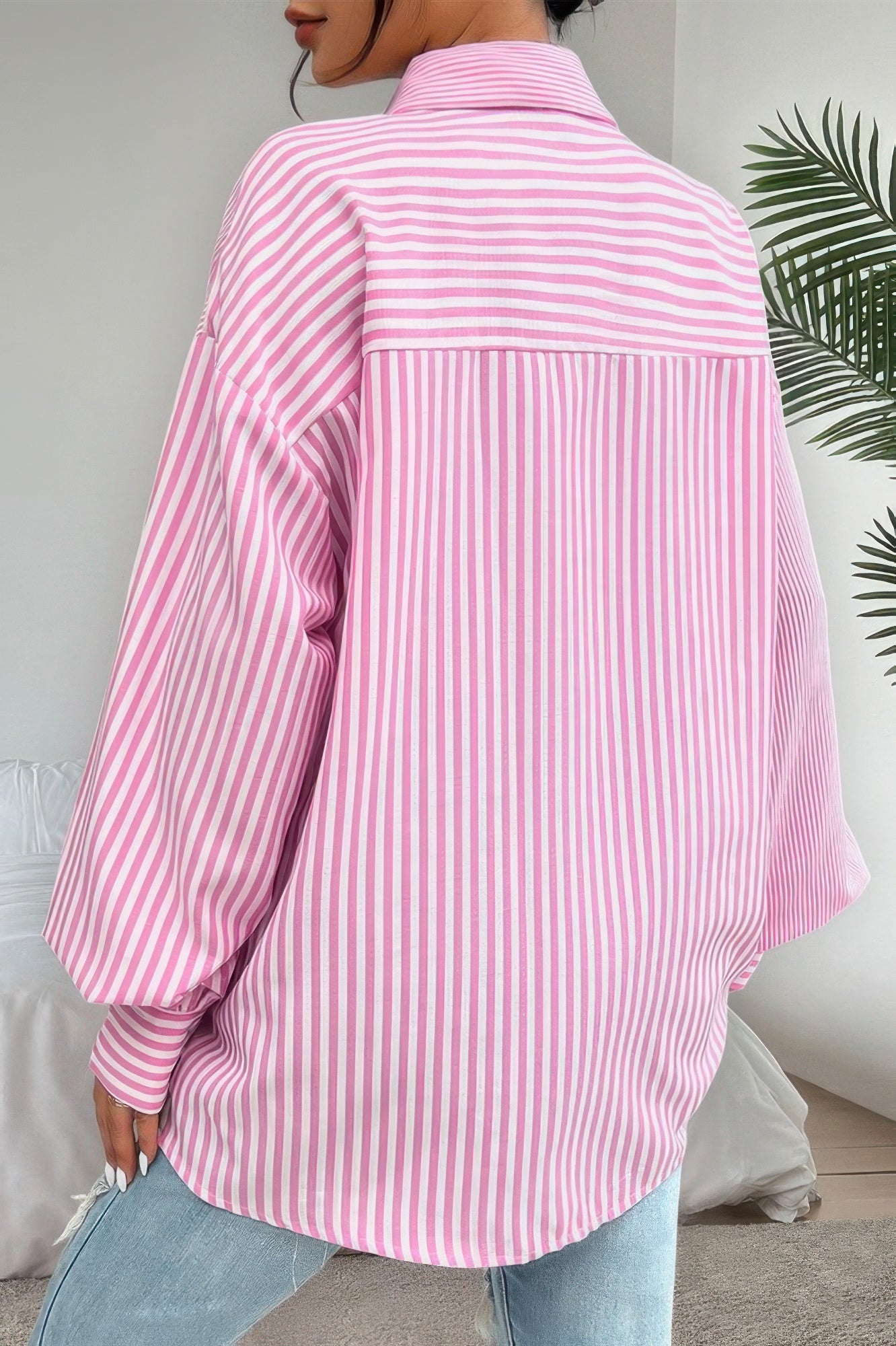 CCWHOLESALECLOTHING pink and white stripe print button down shirt oversized back view with long sleeves