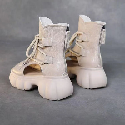 Trendsi women's chunky platform sandals beige open toe lace up ankle boots with back zipper and sculpted platform sole