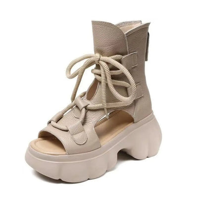 Trendsi beige lace up gladiator boot sandal with open toe and thick scalloped sole women's chunky platform sandals